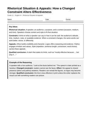 Ready Changed Constraints Worksheet | Grade 11 English III