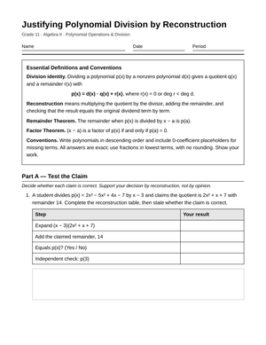 Essential Reconstruction Worksheet | Grade 11 Algebra II
