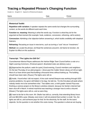 Printable Repeated Phrase Worksheet | Grade 11 English III
