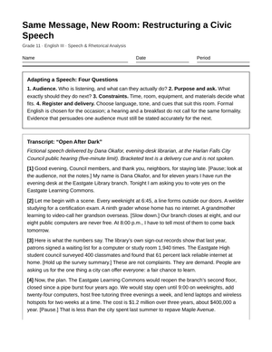 Ready Speech Restructuring Worksheet | Grade 11 English III