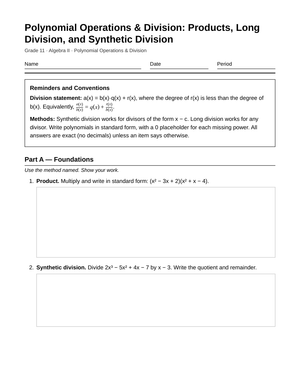 Complete Polynomial Division Worksheet | Grade 11 Algebra II