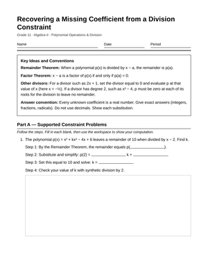 Ready Missing Coefficient Worksheet | Grade 11 Algebra II