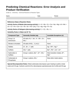 Complete Product Prediction Worksheet | Grade 11 Chemistry