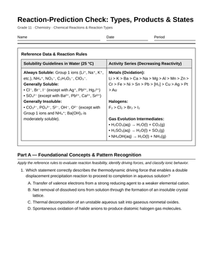 Complete Reaction Prediction Worksheet | Grade 11 Chemistry