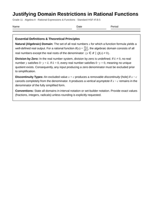 Proven Domain Restrictions Worksheet | Grade 11 Algebra II