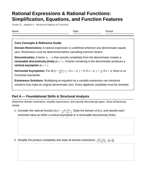 Complete Rational Functions Worksheet | Grade 11 Algebra II