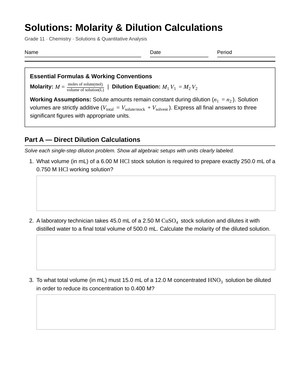 Complete Molarity & Dilution Worksheet | Grade 11 Chemistry