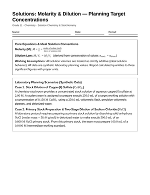 Ready Molarity & Dilution Worksheet | Grade 11 Chemistry