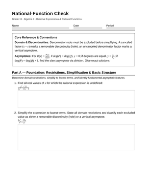 Complete Rational Functions Worksheet | Grade 11 Algebra II