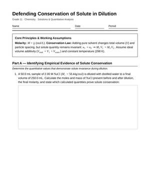 Essential Molarity Dilution Worksheet | Grade 11 Chemistry