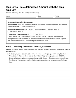 Essential Ideal Gas Law Worksheet | Grade 11 Chemistry