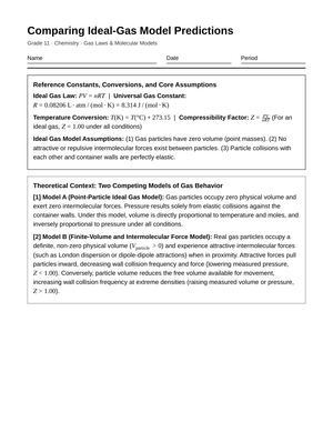 Essential Ideal Gas Model Worksheet | Grade 11 Chemistry