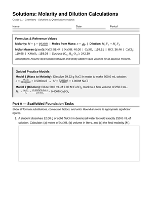 Complete Molarity & Dilution Worksheet | Grade 11 Chemistry