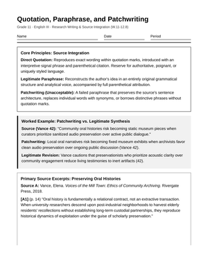 Essential Paraphrasing Worksheet | Grade 11 English III