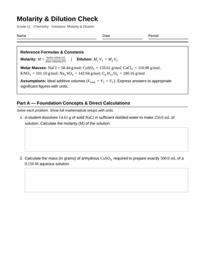 Complete Molarity & Dilution Worksheet | Grade 11 Chemistry