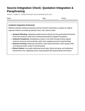 Proven Source Integration Worksheet | Grade 11 English III