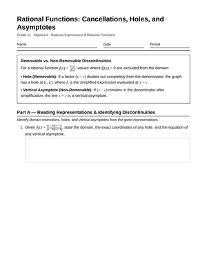 Complete Rational Holes Worksheet | Grade 11 Algebra II