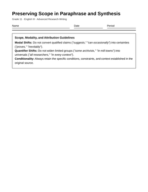 Proven Paraphrase Scope Worksheet | Grade 11 English III