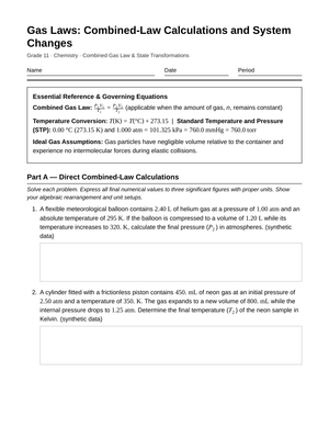 Essential Combined Gas Law Worksheet | Grade 11 Chemistry