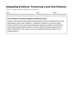 Ready Evidence Integration Worksheet | Grade 11 English III