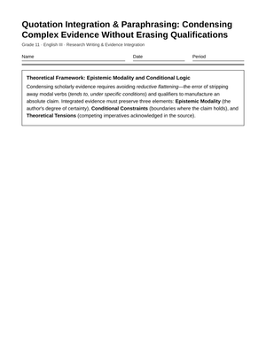 Ready Condensing Evidence Worksheet | Grade 11 English III