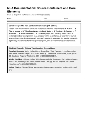 Complete MLA Containers Worksheet | Grade 11 English III