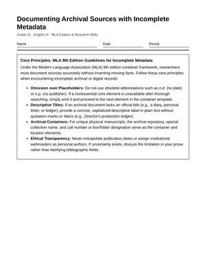 Essential Missing Metadata Worksheet | Grade 11 English III