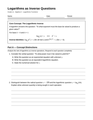 Complete Logarithm Inverses Worksheet | Grade 11 Algebra II