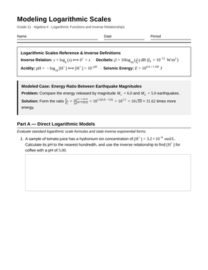 Aligned Logarithmic Scales Worksheet | Grade 11 Algebra II