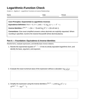 Essential Log Functions Worksheet | Grade 11 Algebra II