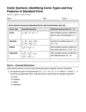 Complete Conic Sections Worksheet | Grade 11 Algebra II