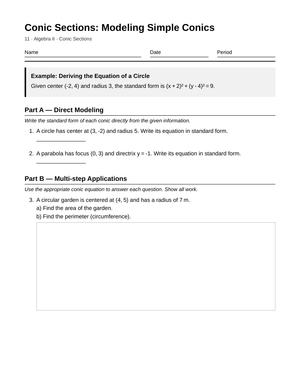 Essential Modeling Conics Worksheet | Grade 11 Algebra II