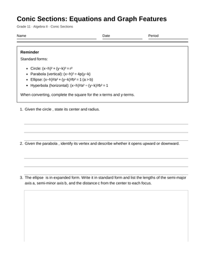 Essential Conic Features Worksheet | Grade 11 Algebra II