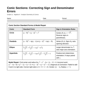 Proven Conic Section Errors Worksheet | Grade 11 Algebra II