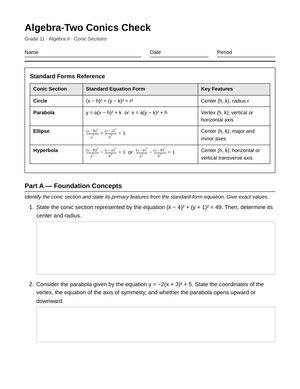 Essential Conics Check Worksheet | Grade 11 Algebra II