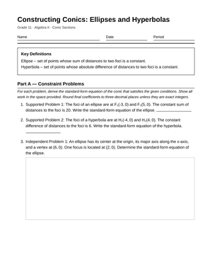 Complete Conic Construction Worksheet | Grade 11 Algebra II