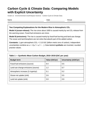 Ready Model Uncertainty Worksheet | Grade 12 Earth Science