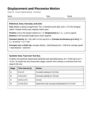 Printable Piecewise Motion Worksheet | Grade 12 Physics