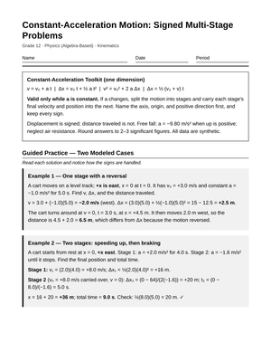 Printable Constant-Acceleration Worksheet | Grade 12 Physics