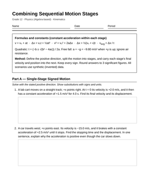 Printable Sequential Motion Worksheet | Grade 12 Physics