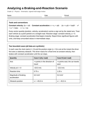Complete Braking & Reaction Worksheet | Grade 12 Physics
