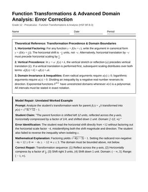 Proven Transform Errors Worksheet | Grade 12 Precalculus