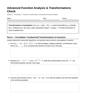 Complete Function Analysis Worksheet | Grade 12 Precalculus
