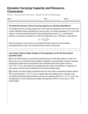 Printable Carrying Capacity Worksheet | Grade 12 Science
