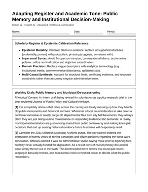 Complete Scholarly Register Worksheet | Grade 12 English IV