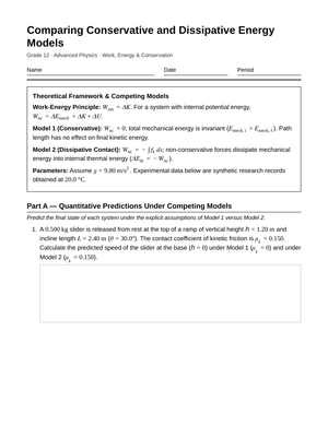 Essential Energy Models Worksheet | Grade 12 Physics