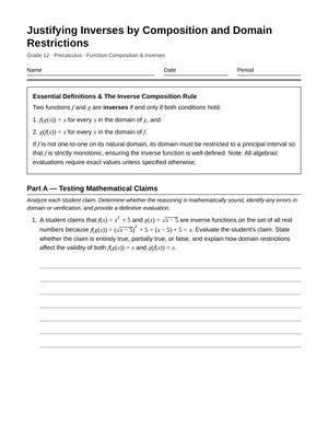 Complete Function Inverses Worksheet | Grade 12 Precalculus