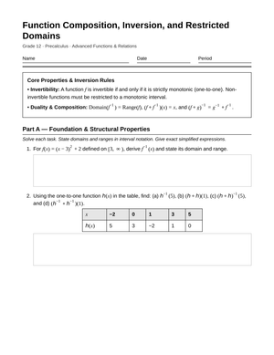 Complete Function Inverses Worksheet | Grade 12 Precalculus
