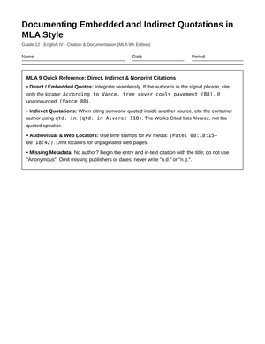 Complete Embedded Quotations Worksheet | Grade 12 English IV