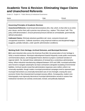 Ready Vague Claims Revision Worksheet | Grade 12 English IV